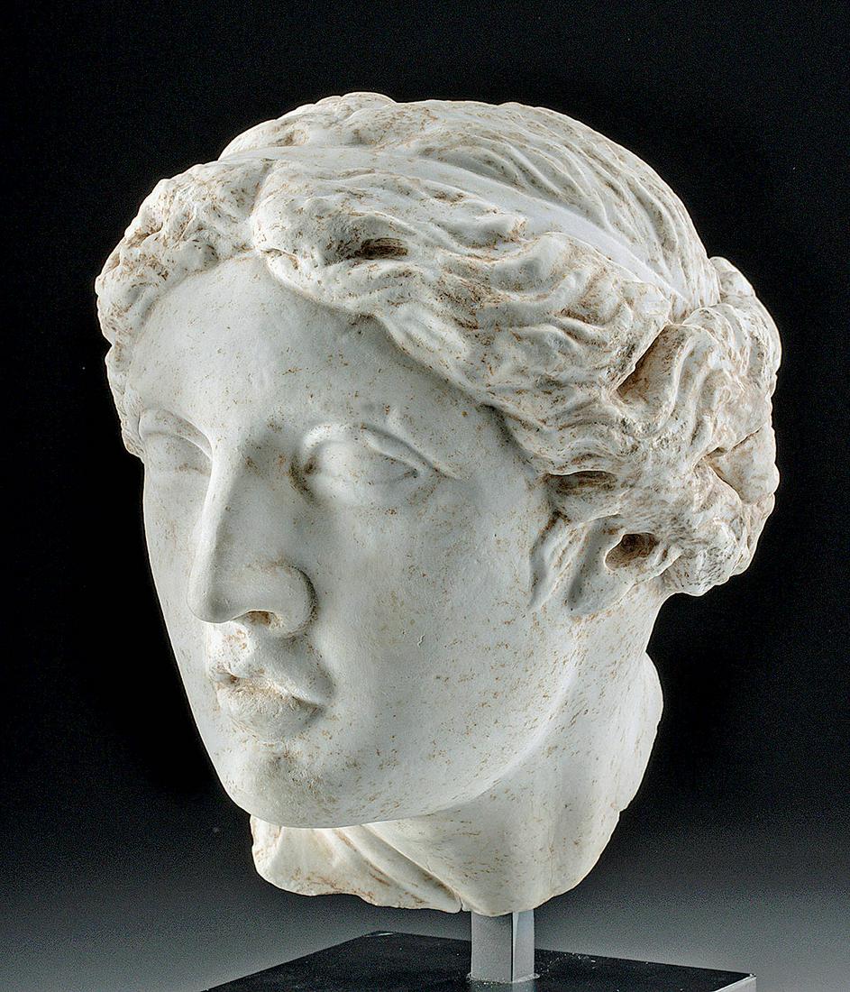 Late Hellenistic / Early Roman Marble Head of Venus: Late Hellenistic / Early Roman, ca. 1st century BCE. A finely carved white marble head of Venus (Greek Aphrodite) - this type known as the Venus Genetrix (also Aphrodite Frejus or the Louvre-Naples ty