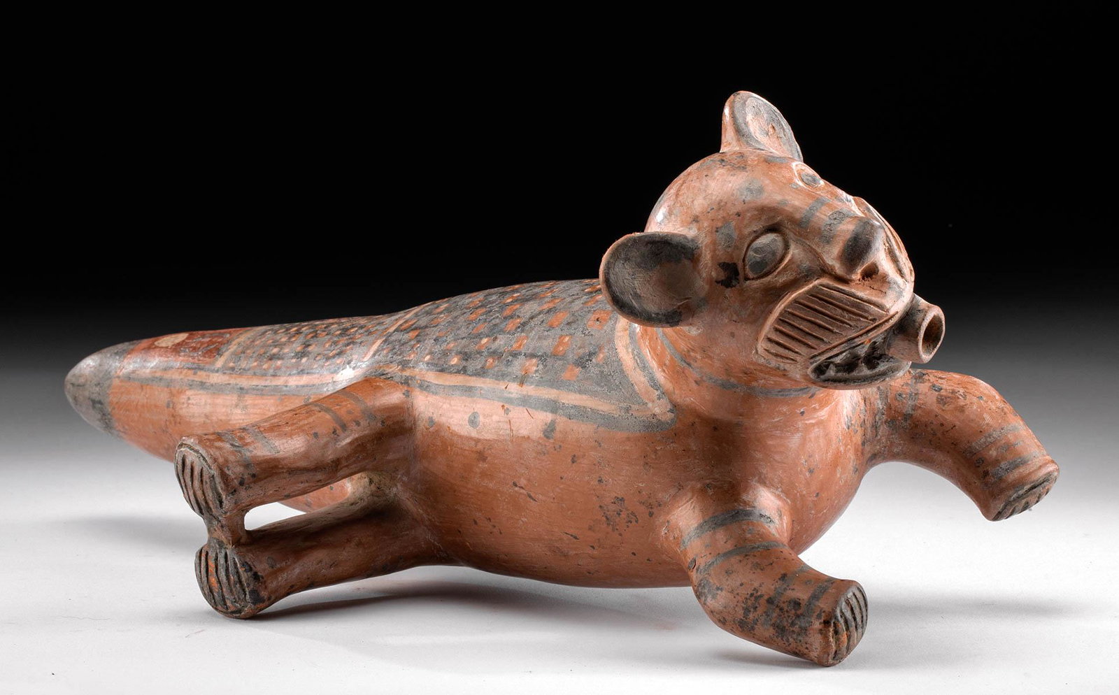 Inca Tallan Pottery Jaguar Pacha Vessel, TL Tested: Pre-Columbian, northwestern Peru, ca. 1200 CE. Delightful pottery pacha vessel - used in performing rituals to "guarantee" the success of the harvest by pouring sacred liquids from the spout of the ve