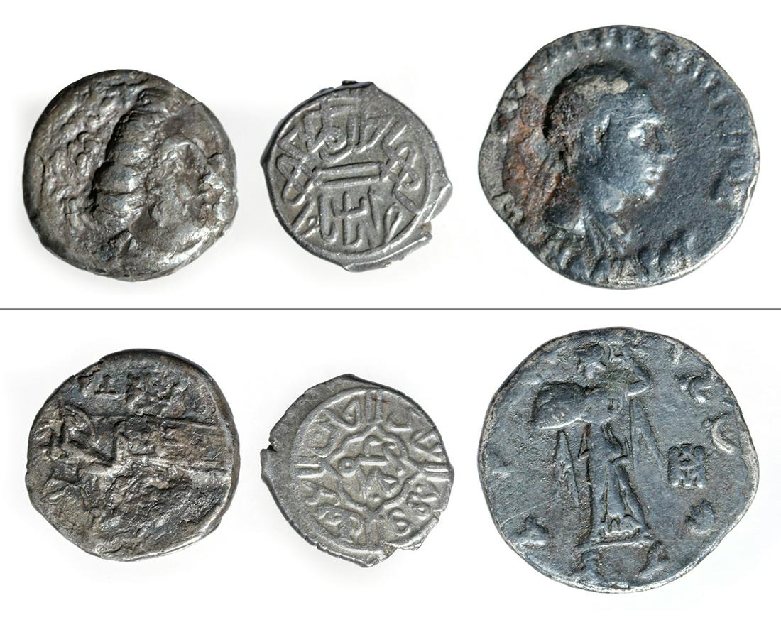 Lot of 3 Greek, Bactrian, and Ottoman Silver Coins: Greece, Euboia, Histiaia, ca. 3rd to 2nd century CE, AR silver tetrobol. BCD 382. SNG Cop. 518. Weight 2.0 grams. Central Asia, Bactria, Menander, ca. 160 to 145 BCE, AR silver drachm. Mitchiner I, S