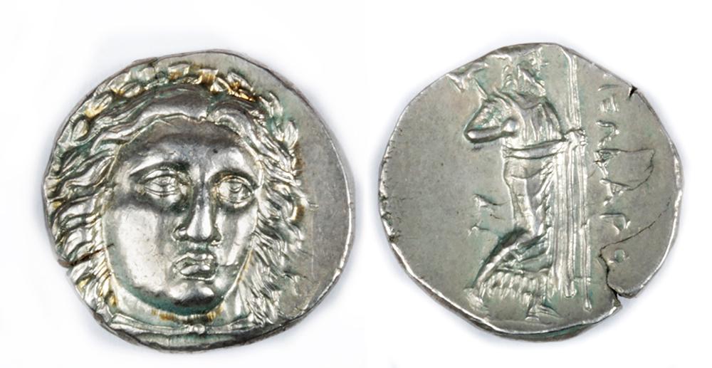 Choice Silver Didrachm from Caria - Pixodaros: Asia Minor, Caria, Satraps of Pixodaros, 340 BCE to 334 BCE. OBVERSE: Laureated head of Apollo facing slightly right. REVERSE: Zeus Labraundos to right with double axe. Greek inscription to right. Thi