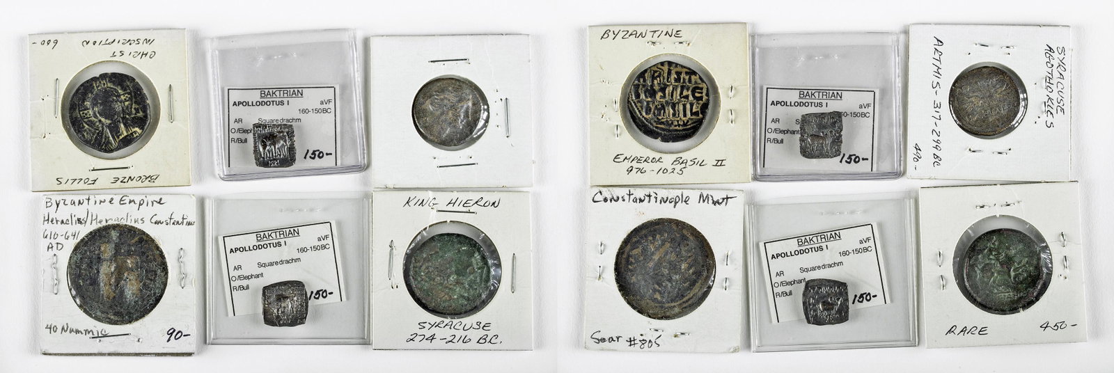 Lot of 6 Greek Hellenistic & Byzantine Bronze Coins: 1: Sicily, Syracuse. Agathokles, ca. 317 to 289 BCE. AE Litra, 9.2 grams. Period 4, circa 295 BC. OBVERSE: Head of Artemis right, in triple-pendant earring & necklace, quiver over shoulder. REVERSE: W