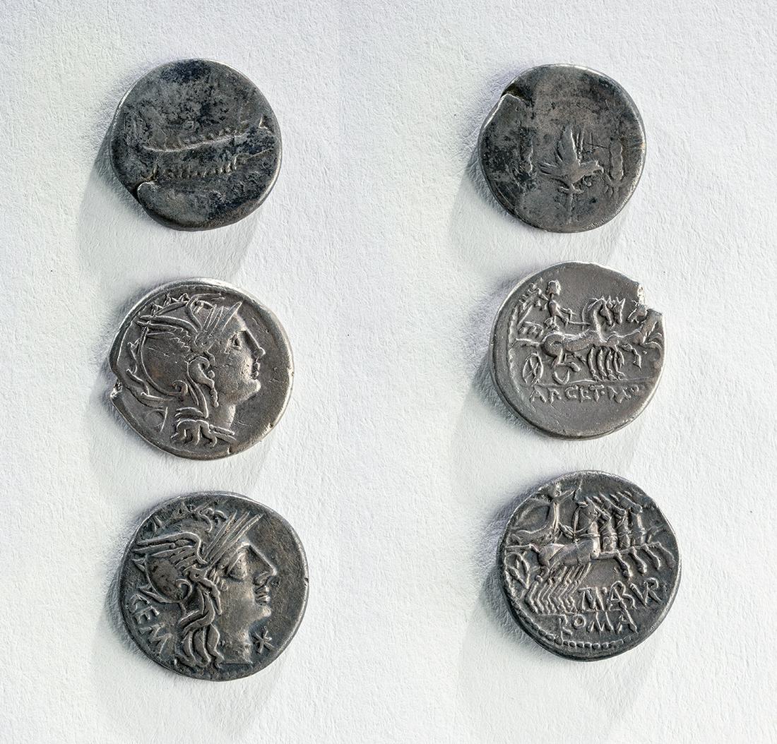 Lot of 3 Roman Republican Silver Denarii: Lot includes the following Roman Republican coins. 1. A "Legionary" denarius of Mark Anthony, 32 to 31 BCE., Legion number uncertain. Sear 344. Weight 3.3 grams. 2. Appius Claudius Pulcher, T. Manlius