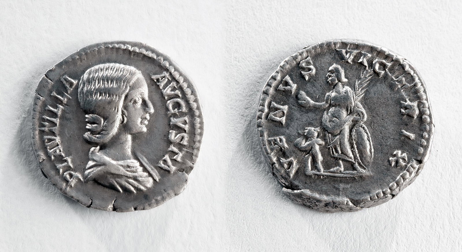Roman Plautilla Silver Denarius - 3.5 g: Roman, Imperial Period, Plautilla, wife of Caracalla, ca. 204 CE. AR denarius. Rome Mint. Obverse: Draped bust to right. Reverse: Plautilla as Venus standing left. RIC 369. Size: 0.7" W (1.8 cm); 3.5 