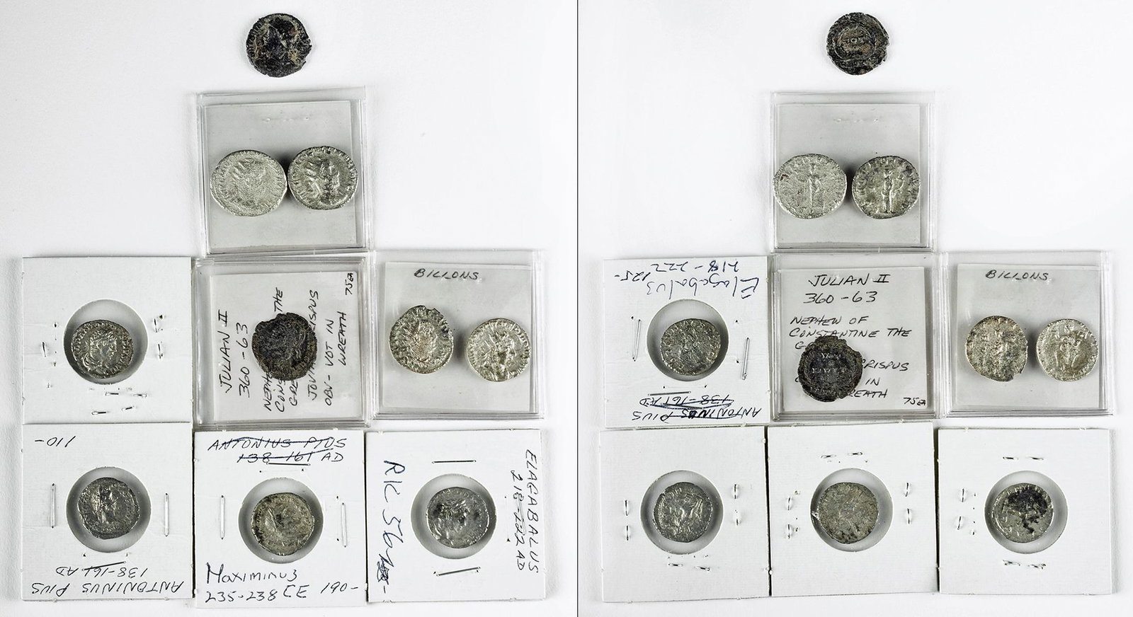 Lot of 10 Roman Imperial Silver & Bronze Coins: Roman, Imperial Period. 1: Antoninus Pius, 138 CE to 161 CE, silver denarius, 1.9 grams. OBVERSE: Laureate and bearded head to right. REVERSE: Fortuna standing right holding rudder on a globe and corn