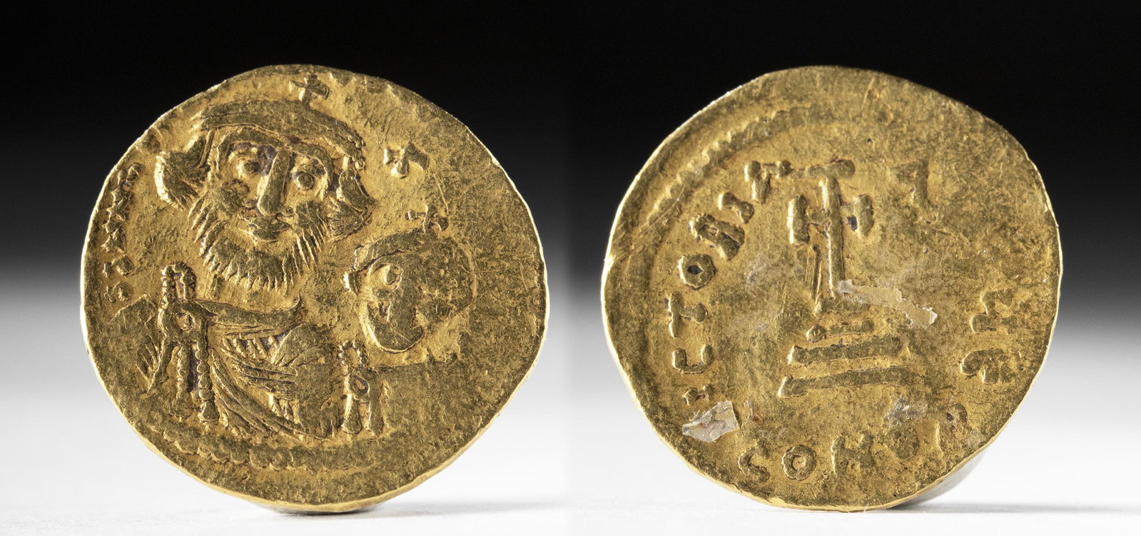Byzantine Heraclius w/ Heraclius Contantius Gold Coin: Near East/Holy Land, Byzantine Empire, Heraclius, with Heraclius Constantine, 610 to 641 CE, Constantinople, ca. 616 to 625. Gold solidus. Obverse: Crowned, draped and short-bearded bust of Heraclius 