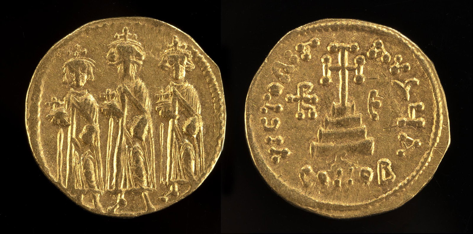 Byzantine Heraclius Gold Solidus - 4.3 g: Near East/Holy Land, Byzantine Empire, Heraclius, struck in Constantinople, ca. 610 to 641 CE. Gold solidus. Obverse: Figures of Heraclius, Heraclius Constantine and Heraclonas standing facing, each w