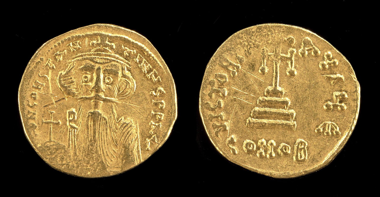 Byzantine Constans II Gold Solidus - 4.4 g: Near East/Holy Land, Byzantine Empire, Constans II. Struck in Constantinople, ca. 651 to 654 CE. Gold solidus. Obverse: Bust facing, with long beard and moustache, wearing crown and chlamys, and holdi