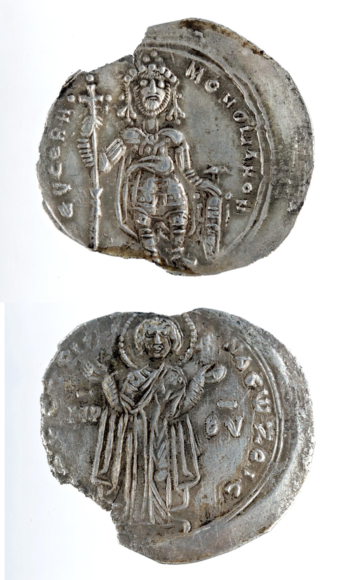 Byzantine Constantine IX AR Miliaresion - 1.99 g: Near East/Holy Land, Byzantine Empire, Constantine IX Monomachus, ca. 1042 to 1055 CE. Constantinople mint, silver Miliaresion. Obverse: The Virgin Mary, orans, standing facing on dais. Reverse: Con