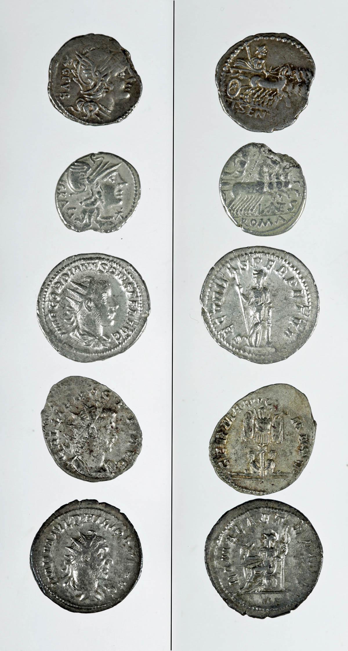 Lot of 5 Roman Silver Coins: Roman, Republican and Imperial Periods. Two are Republican denarii. The other 3 are Roman Imperial antoninianii. L. Antestius Gragulus, 155 to 120 BCE, silver denarius, helmeted head of Roma to right