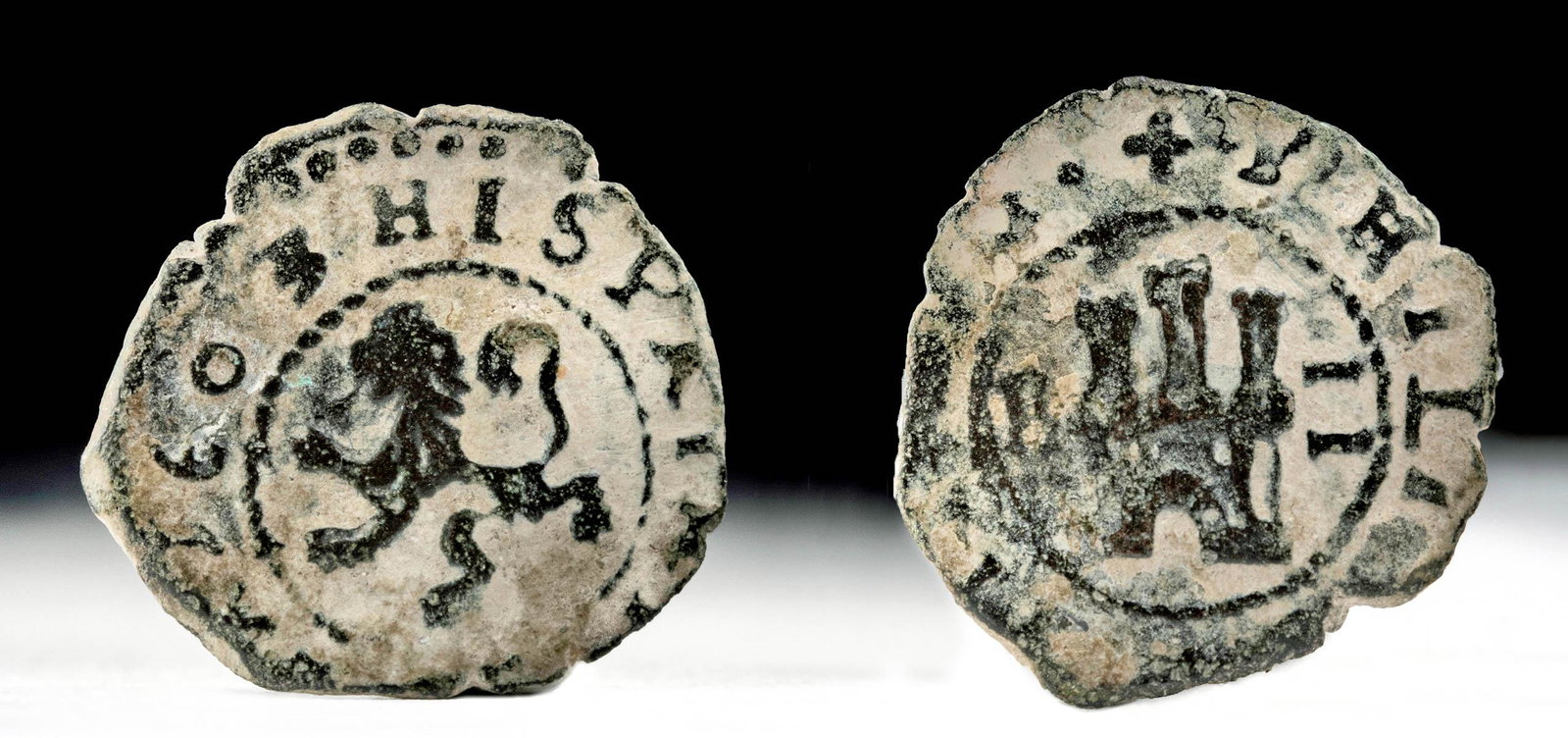 1603 Maravedis Philip III Burgos Copper Coin: Spanish Empire, ca. 1603 CE. A Spanish copper reale cob, "Pirate Money" of Philip III, reigned 1598 to 1621 CE. 8 maravedis "cob". Size: 0.55" W (1.4 cm) Provenance: private Tennessee, USA collection 