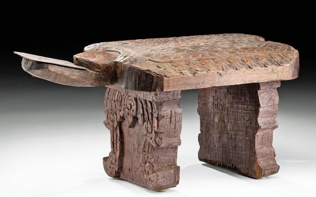 Late 19th C. Thai Wood & Iron Coconut Grater - Turtle: **Originally Listed At $300** Southeast Asia, Thailand, ca. late 19th to early 20th century CE. A hand-carved wooden coconut grater depicting a charming turtle, perhaps an Asiatic softshell turtle (Am