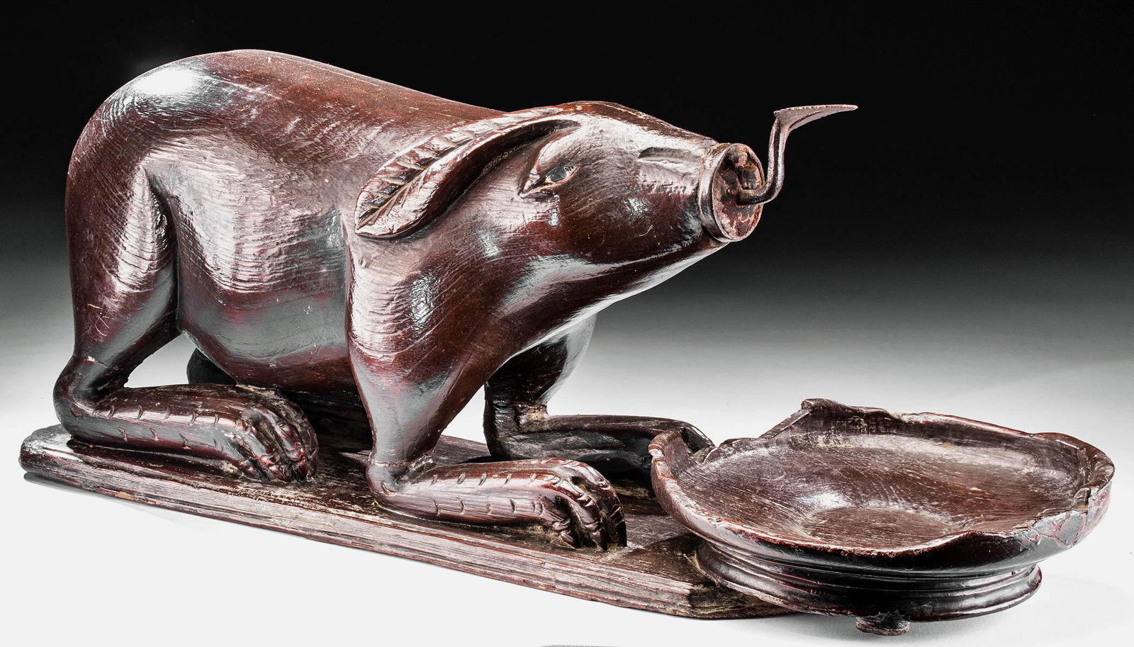 Late 19th C. Thai Wood Coconut Grater - Rabbit w/ Dish: **Originally Listed At $400** Southeast Asia, Thailand, ca. late 19th to early 20th century CE. A hand-carved wooden coconut grating tool in the form of a recumbent rabbit atop an integral rectangular