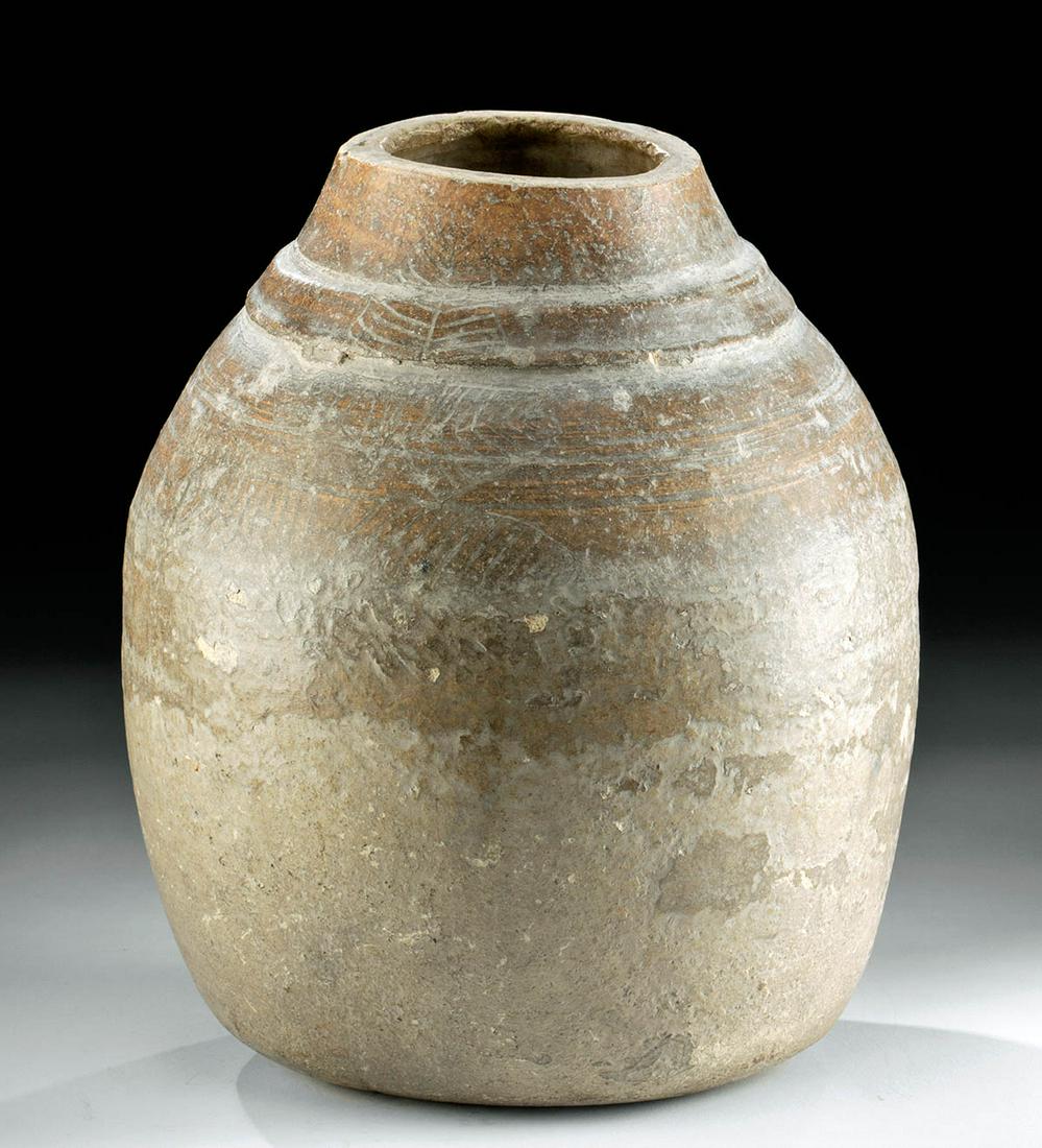 5th C. Korean Silla Ash-Glazed Vessel: **Originally Listed At $300** East Asia, Korea, Silla Kingdom, ca. 5th to 10th century CE. A handsome, utilitarian vessel, perhaps used for holding wine or water, featuring a sturdy body that broadens