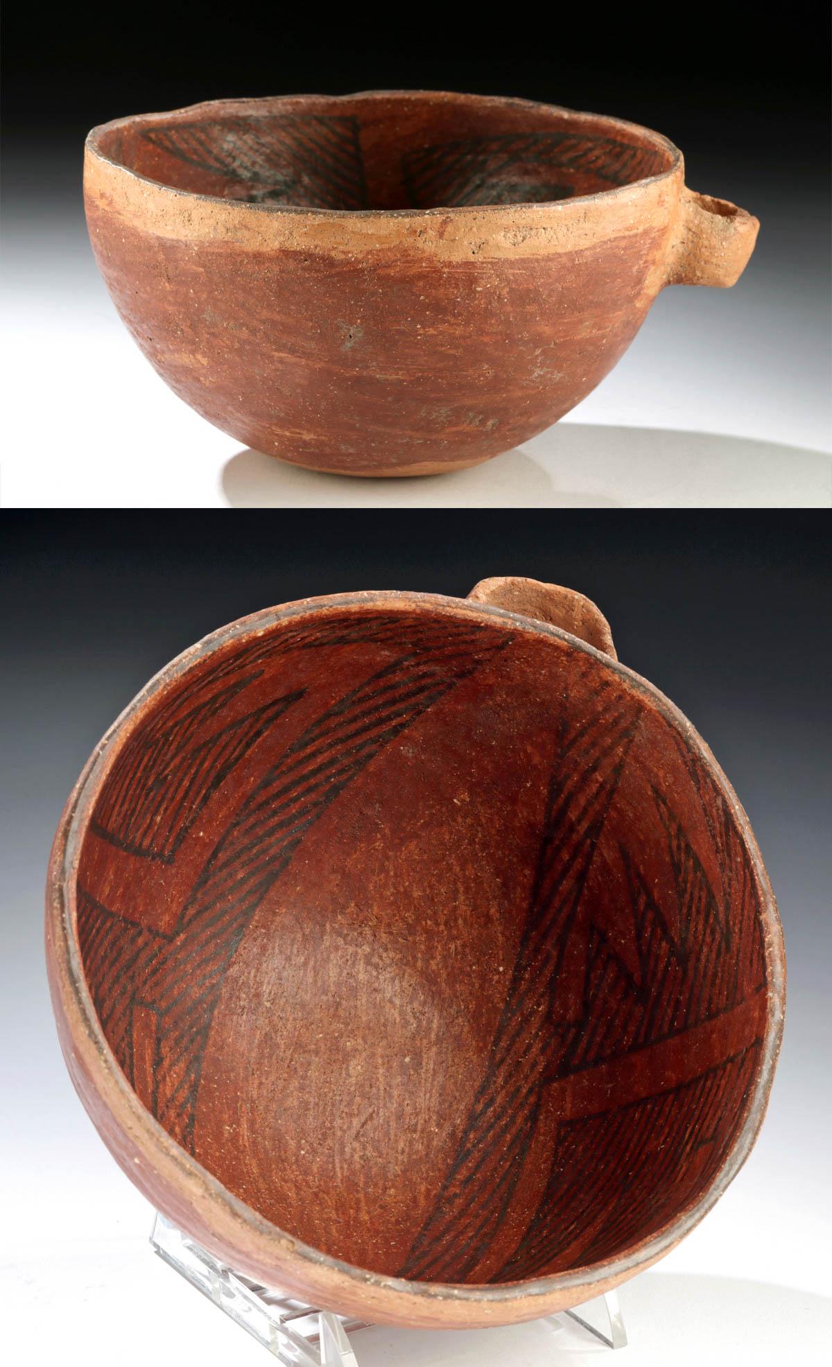 Prehistoric Anasazi Tusayan Redware Handled Cup: Native American, southwestern United States, northeastern Arizona, Tusayan, Anasazi (Ancestral Pueblo), ca. 1200 to 1300 CE. A hand-built pottery cup of a large, bowl-like form with a round but stable