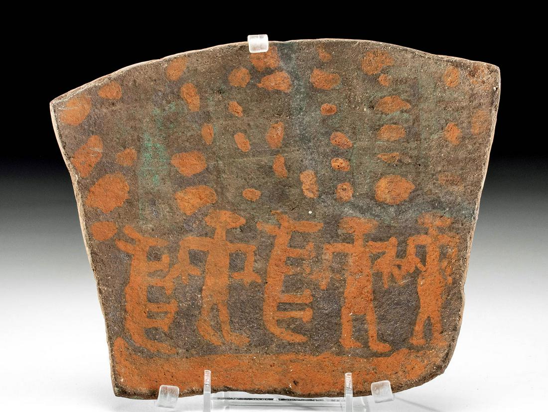 Chucu Inca Polychrome Plaque - Human & Alpaca Motifs: Pre-Columbian, Southern Peru, Inca hinterlands (Chucu), ca. 1000 to 1500 CE. A beautiful ceramic plaque from an intriguing ancient Peruvian tradition, hand painted with stylized human and alpaca figur