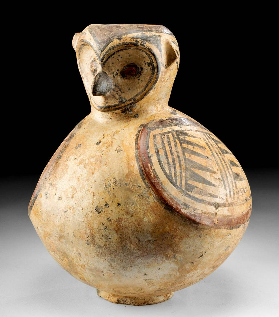Rare Panamanian Cocle Polychrome Owl Olla: Pre-Columbian, Central America, Panama, Gran Cocle, probably Macaracas or Cubita, ca. 800 to 1000 CE. A hand-built and highly-burnished polychrome owl vessel with a heart-shaped face, an elegantly cur