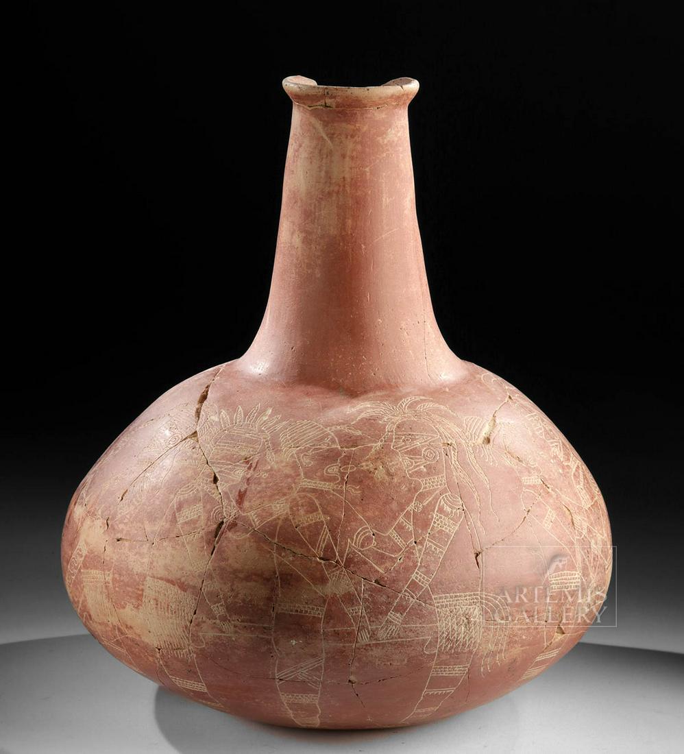 Prehistoric Native American MississippianVessel, TL'd: Native American, Southeast or Midwest, Mississippian, ca. 900 to 1543 CE. A very large redware vessel, skillfully handbuilt via the coiling method and extensively engraved with iconography that includ