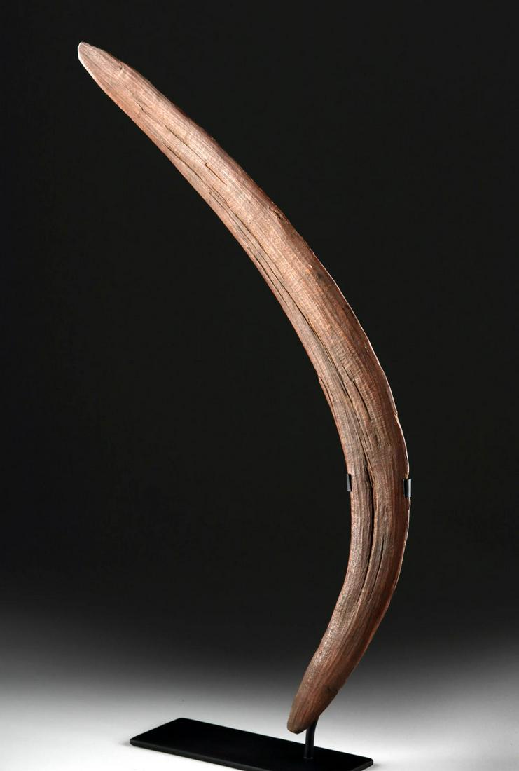 19th C. Australian Aboriginal Wooden Boomerang: Oceania, Western Australia, Aboriginal peoples, ca. late 19th to early 20th century CE. A fine, hand-carved wooden boomerang meant for hunting rather than for display. The body is gently curved and re