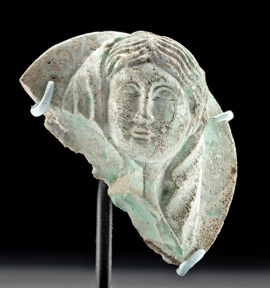 Byzantine Carved Stone Cameo - Virgin Mary or Goddess: Eastern Mediterranean to Asia Minor, Byzantine, ca. 5th to 7th century CE. A striking stone cameo skillfully carved with a female visage, perhaps the Virgin Mary or a veiled goddess, with delicate fea