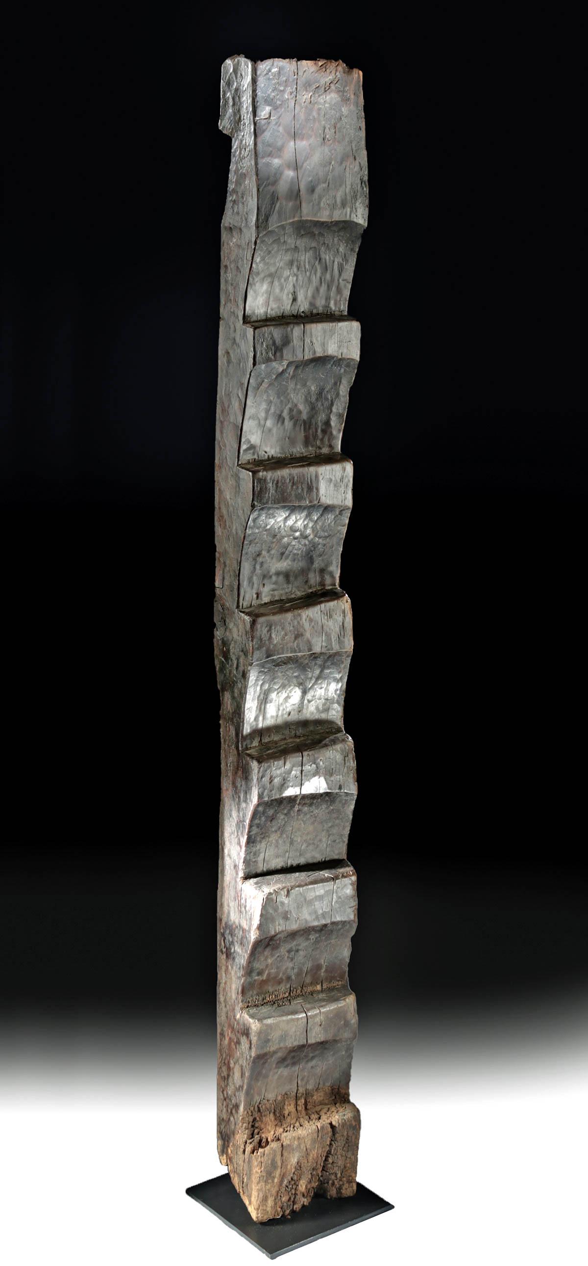 Enormous 18th C. Nepalese Wooden Ladder - 72" Tall!: Central Asia, Nepal, ca. late 18th to early 19th century CE. An enormous ladder used to enter dwellings built on stilts, hand-carved from a single hefty piece of caramel-hued hard wood. The ladder has