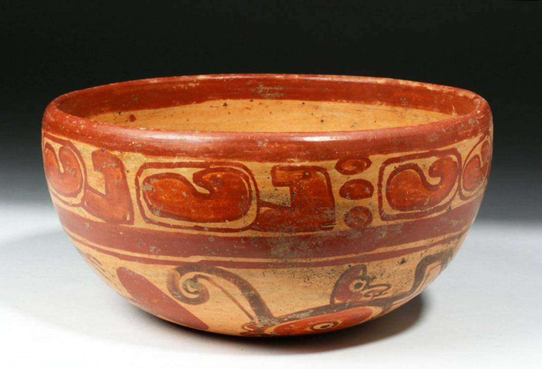 Fine Maya Copador Pottery Bowl - Monkeys: Pre-Columbian, Guatemala and southern Mexico, Maya, Late Classic Period, ca. 700 to 900 CE. A fine example of a Copador-style bowl with a well done, clear band of pseudo-glyphs immediately below the d
