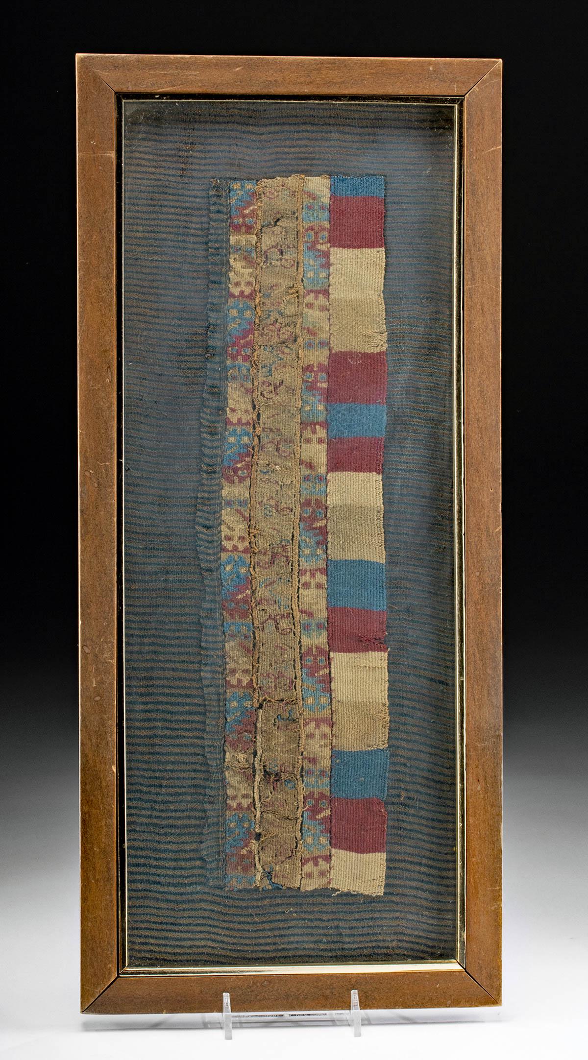 Framed Ica Textile Sections - Faces & Geometrics: Pre-Columbian, South Coast Peru, Ica culture, ca.9th century CE. Nicely framed textile panels comprised of tightly-woven camelid (alpaca or llama wool) fibers in hues of crimson, azure blue, cream, an