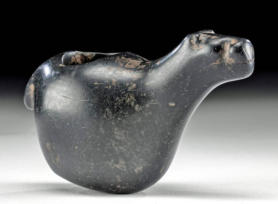 Inca Stone Canopa of Camelid Form: Pre-Columbian, North Central Peru, Inca, ca. 1470 to 1523 CE. Hand-carved from deep black stone and polished until smooth, a petite ritual vessel known as a canopa. The camelid form presents with a ch