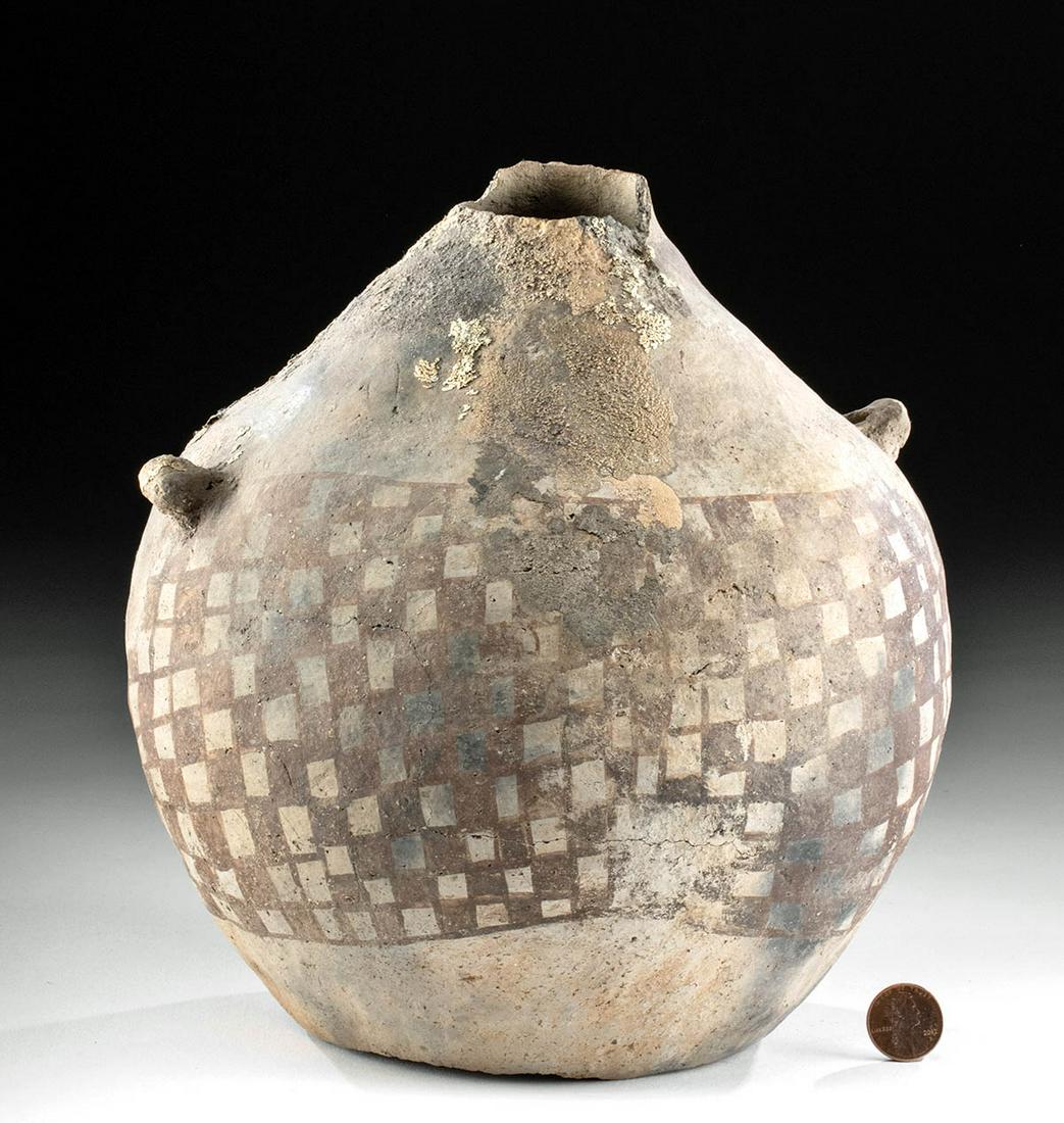 Large Anasazi Mesa Verde Pottery Water Jar: Native American, Southwestern USA, Colorado or New Mexico, Anasazi/Ancestral Puebloans, ca. 1100 to 1300 CE. A large, wonderfully formed ceramic pitcher with a broad band of checkerboard motifs in the