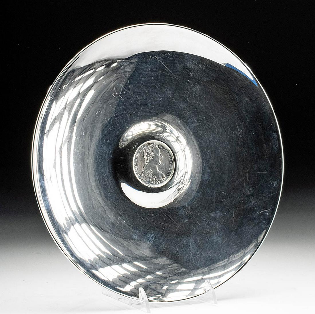 Silver Dish w/ 1780 Austrian Maria Theresa Coin, 392 g: Europe, Austria. A charming Austrian 96% sterling silver dish featuring a 1780 Austria Maria Theresa Thaler Bullion coin inscribed in Latin: M. THERESIA D. G. R. IMP. HU. BO. REG. - It is an abbreviat