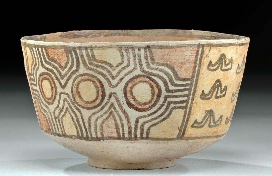 Large Indus Valley Polychrome Bowl: Central Asia, Indus Valley, Harappan / Mohenjo-Daro civilization, ca. 2700 to 2000 BCE. Gorgeous and quite sizeable, this polychrome vessel presents a classic form with impressively thin vertical side