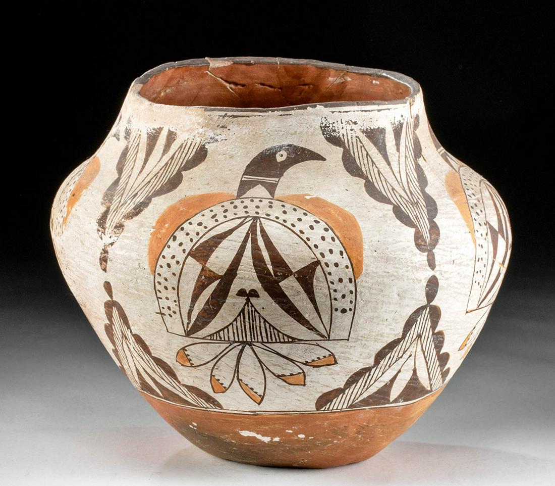 Early 20th C. Acoma Polychrome Pottery Jar: Native American, southwestern United States, New Mexico, Acoma Pueblo, ca. early 20th century CE. A sizable, hand-built pottery jar with a concave base, an inverted piriform body, a rounded shoulder, 