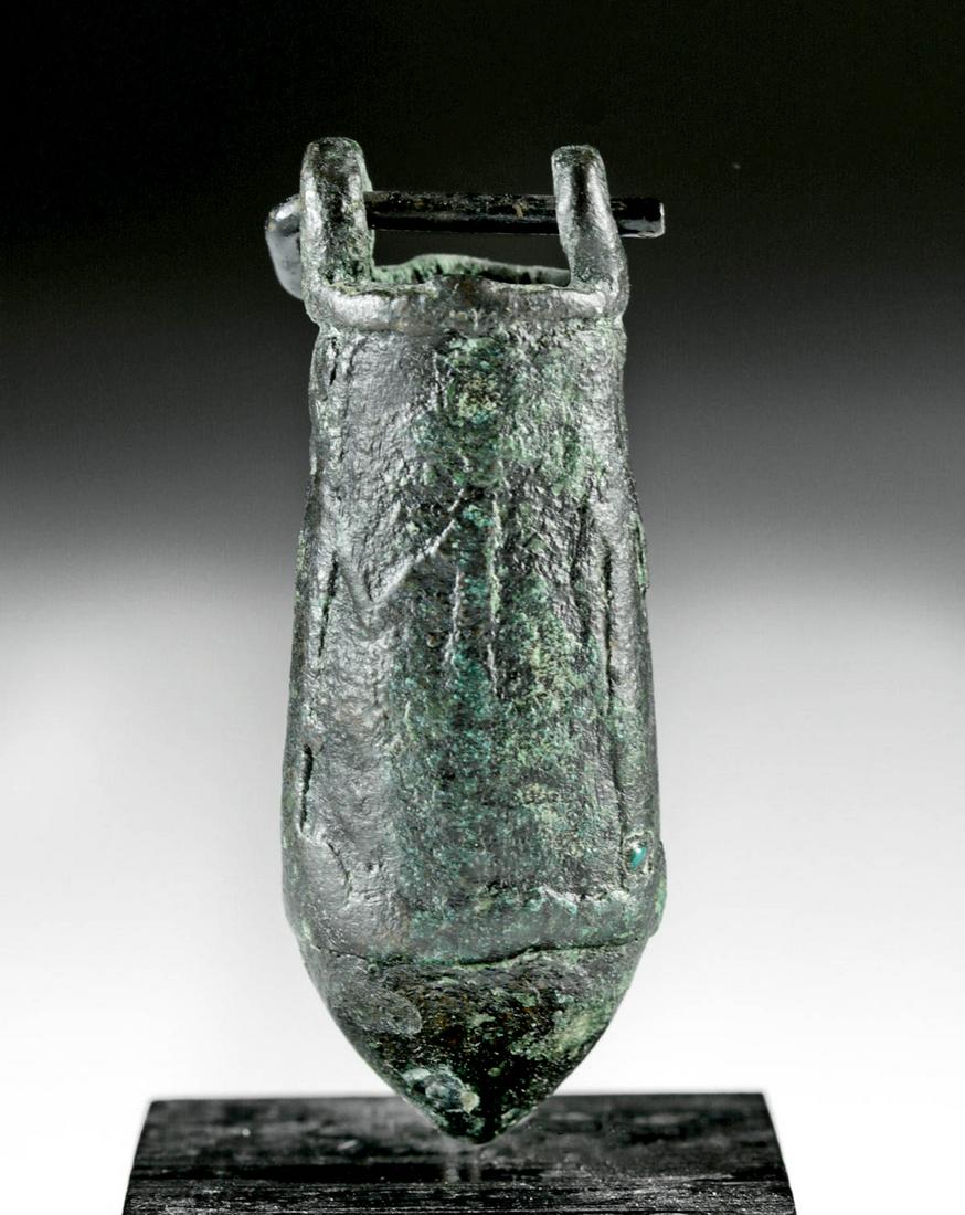 Miniature Egyptian Ptolemaic Bronze Situla: Ancient Egypt, Ptolemaic period, ca. 304 to 30 BCE. A striking bronze situla cast via the lost wax (cire perdue) process, with a decorative/iconographic program delineated in bas relief, a procession 