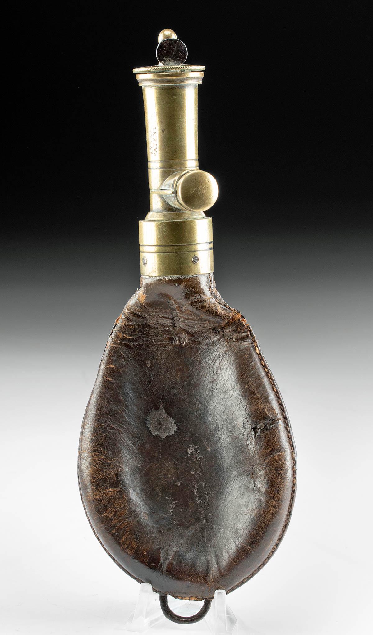 19th C European / American Brass & Leather Powder Flask (1 of 5)