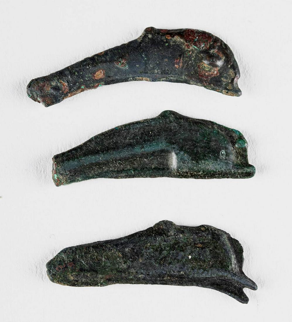 Lot of 3 Danubian District Bronze Dolphin Coins: **First Time At Auction** Eastern Europe, Danubian District, Olbia, ca. 5th century BC. A trio of cast bronze dolphins. Compare, SNG BM Black Sea 361; SNG Cop 72. The dolphin coins are incredibly dist
