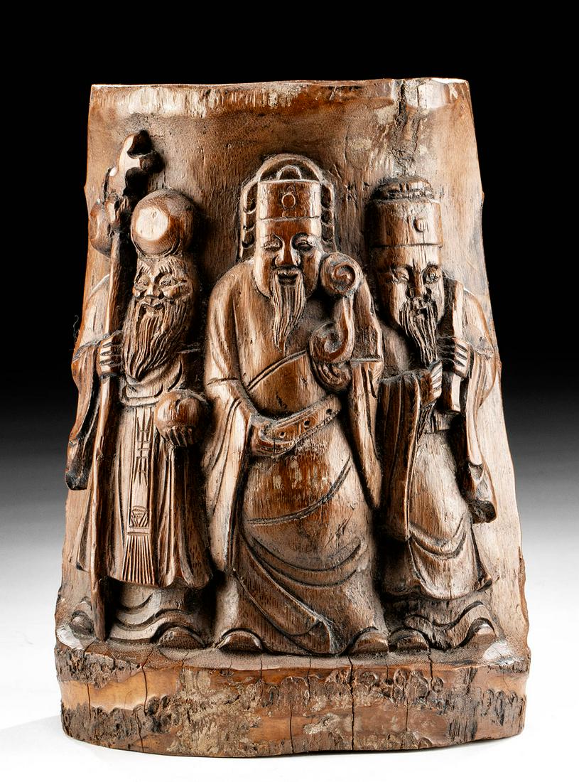 19th C. Chinese Qing Bamboo Brush Pot w/ Sanxing (1 of 6)