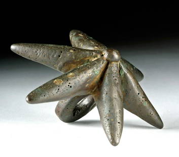 Inca Copper Bola - Seven Pointed: **Originally Listed At $600** Pre-Columbian, Peru, Inca Empire, ca. 1470 to 1532 CE. A heavy, solid, cast copper bola - a weighted weapon with a sturdy loop for attachment to a long rope. The form has