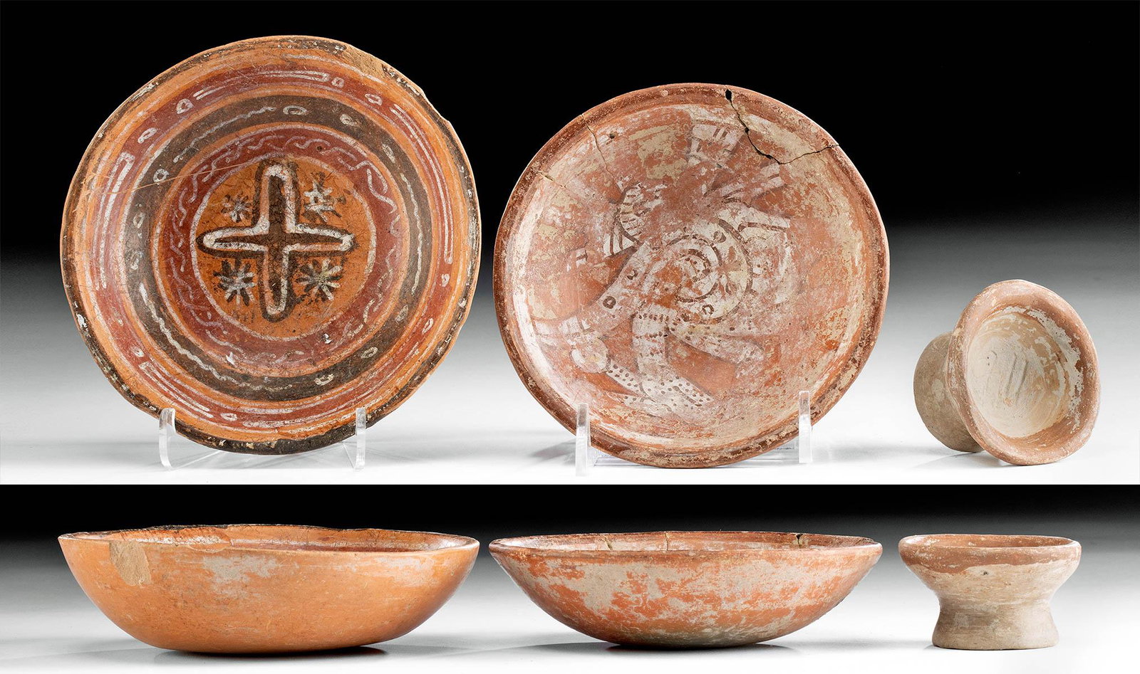 2 Michoacan & 1 Isla de Sacrificios Ceramic Works: A lovely gathering of Pre-Columbian pottery works! First: Pre-Columbian, West Mexico, Michoacan, ca. 100 BCE. A large polychrome bowl with a cross representing the cardinal directions and stars at the