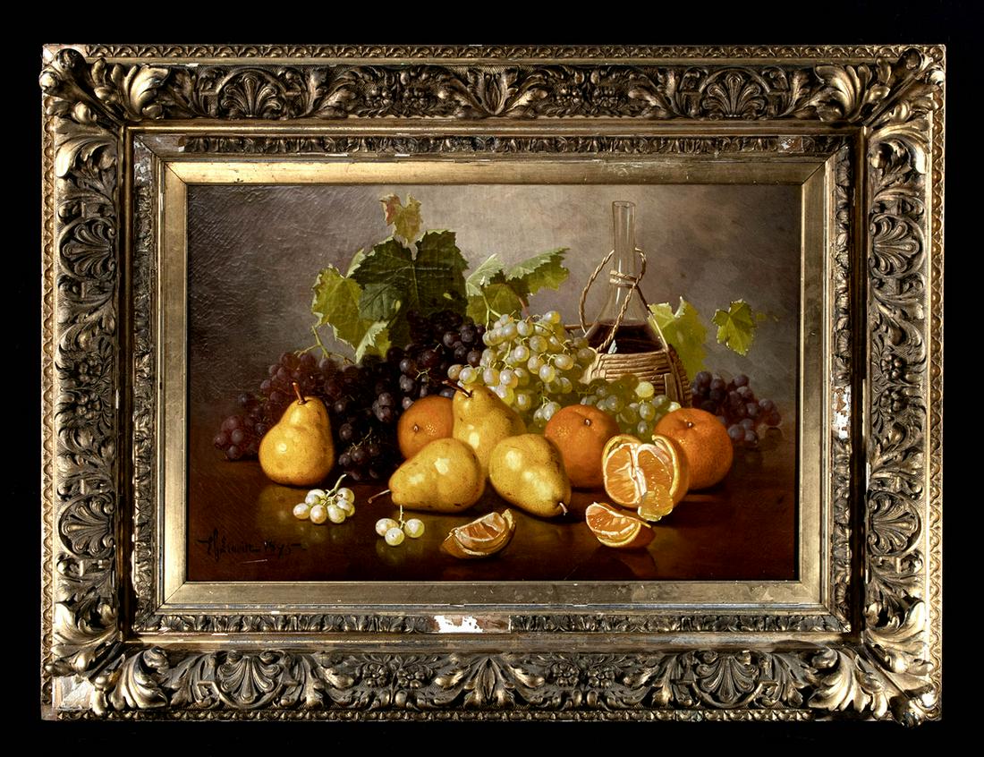 Framed Edward Chalmers Leavitt Painting, 1895: Edward Chalmers Leavitt (American, 1842-1904). Still life of fruit and wine bottle, oil on canvas, 1895. Signed and dated on lower left. A wonderful 19th century French still life painting featuring a