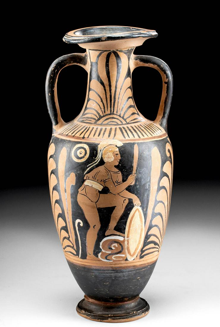Greek Campanian Pottery Neck Amphora - Warrior: Magna Graecia, southwestern Italy, Campania, ca. 325 BCE. Lovely pottery neck-amphora - a form that is fairly similar to the bale amphora found in this region. Sitting on splayed foot with front paint
