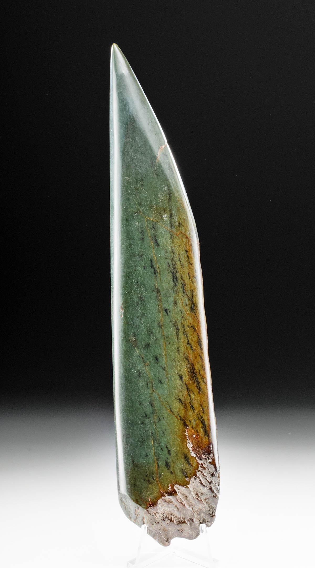 Large Maori Jade Pounamu Adze - Rare: New Zealand, Maori culture, ca. 18th century or earlier. Rare hand-tooled "Mari Jade" also known as Pounamu in lovely deep greenstone with brown veining. Sharpened at an offset to one end with butt re