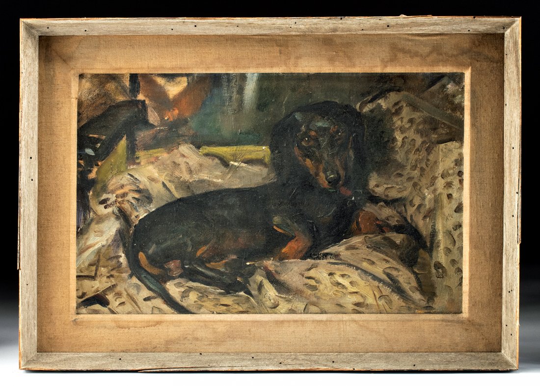 1950 William Draper Painting - Sam the Dachshund: William Franklin Draper (American, 1912-2003). "Sam the Dachsund" oil on board, 1950. William F. Draper's sweet portrait of his adorable dachshund named Sam, his pet during the 1950's who looks out wi