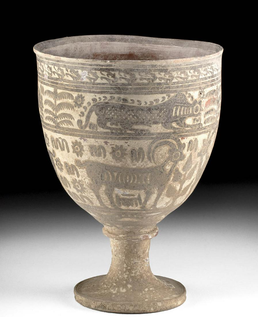 Large Indus Valley Pottery Stemmed Chalice - RARE!: India / Afghanistan / Pakistan, Indus River Valley, Harappan culture, ca. 3000 to 2700 BCE. Fine and rare pottery chalice on tall foot, body of the cup liberally decorated in bi-chrome with series of 