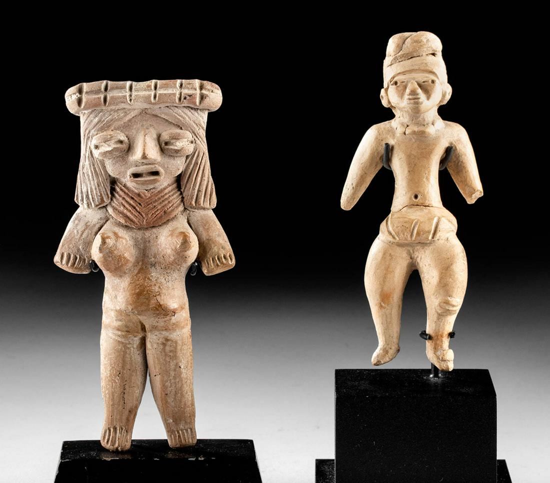 Lot of 2 Pre-Columbian Terracotta Pretty Lady Figures: Pre-Columbian, West Mexico, Michoacan, Protoclassic Period, ca. 500 to 1000 CE (figure with beaded headband) and Pre-Columbian, Valley of Mexico, Tlatilco, ca. 1200 to 800 BCE (figure with assymetric 