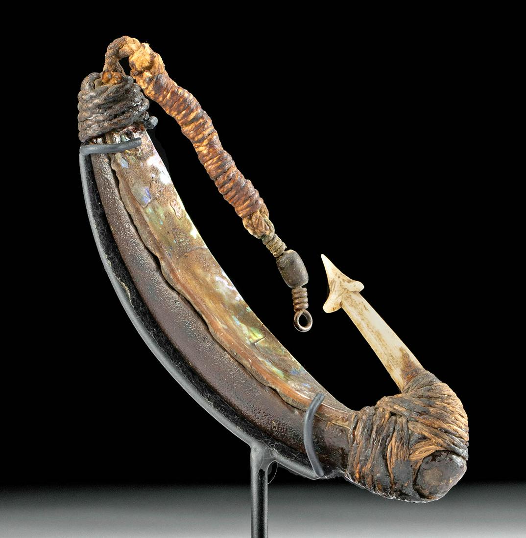 19th C. Maori Shell & Human Bone Troll Lure, Pa Kahawai: Oceania, New Zealand, Maori people, ca. 19th century CE. A wonderful example of a trolling lure (known locally as a "Pa Kahawai") with an ovoid wooden body and a protruding lower barb that is carved f