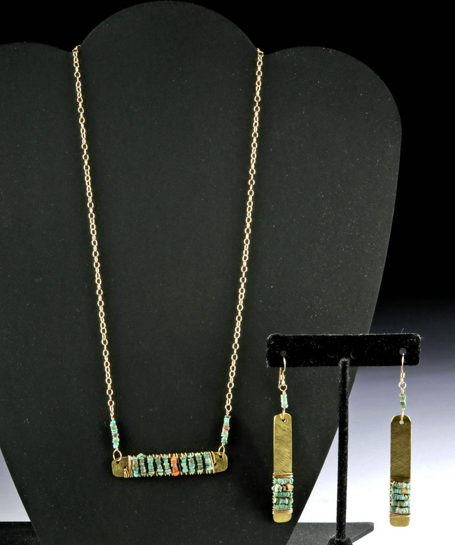 Moche Stone Beads & Brass Bar Necklace & Earrings 9.7 g: Pre-Columbian, Peru, Moche, ca. 300 to 800 CE. Quite a head-turner, this ensemble includes a beautiful necklace and matching earrings, featuring Moche turquoise, greenstone, spondylus, and carnelian s