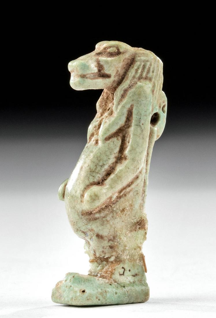 Egyptian Glazed Faience Amulet of Tawaret: Egypt, Late Dynastic Period, 26th to 31st Dynasty, ca. 664 to 332 BCE. A mold-formed faience amulet of Tawaret (also Tauret), the ancient Egyptian goddess of child birthing and protector of women, chi