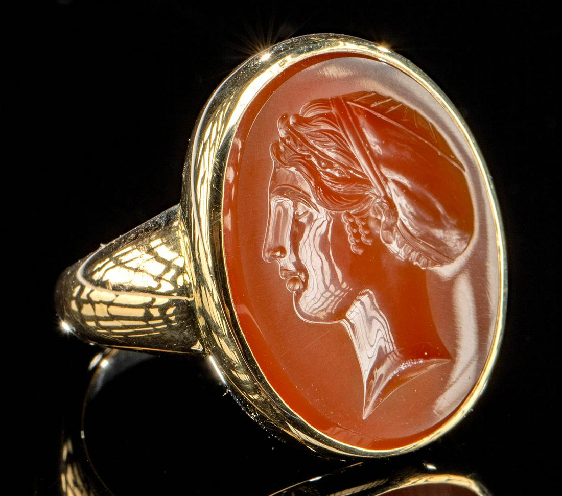 Neoclassical Gold & Carnelian Intaglio Ring - Goddess: Europe, Neoclassical, ca. 19th century CE. A gorgeous Neoclassical carnelian intaglio ring with a modern 58% gold (equivalent to 12K+) setting. The intaglio is finely carved with a profile bust of a f