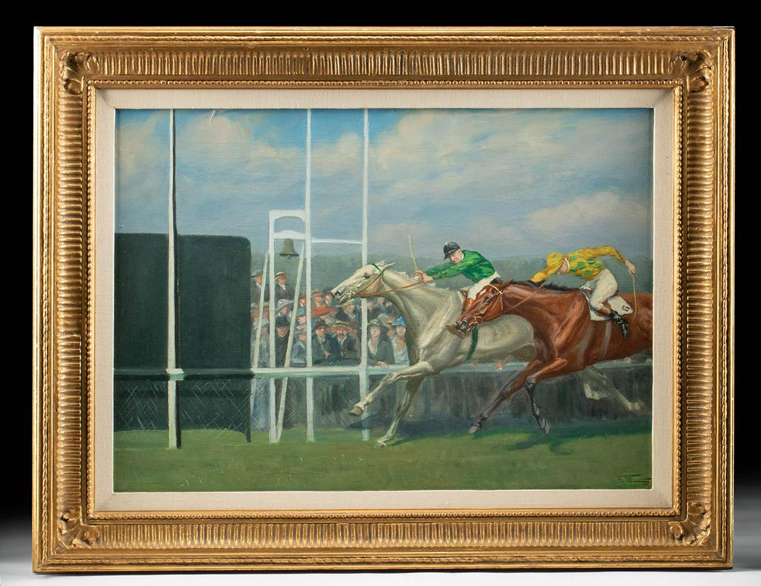 Signed 1924 British Painting - And They're Off!: Europe, England, 1924. Signed and dated on the lower right. "And they're off!" An exciting oil on canvas by an early 20th century British sporting artist who clearly admired Henry Alken (British, 1810