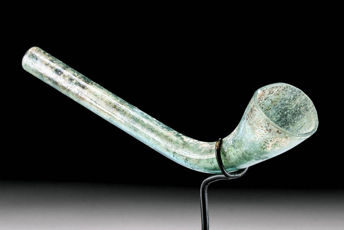 Roman Glass Infant Feeder w/ Aqua Hues - Rare!: Roman, Imperial Period, ca. 1st to 4th century CE. A pipe-shaped glass baby feeder with smoothed rims. The stem is a long narrow tube that bends slightly and widens to a small bowl. The glass boasts b