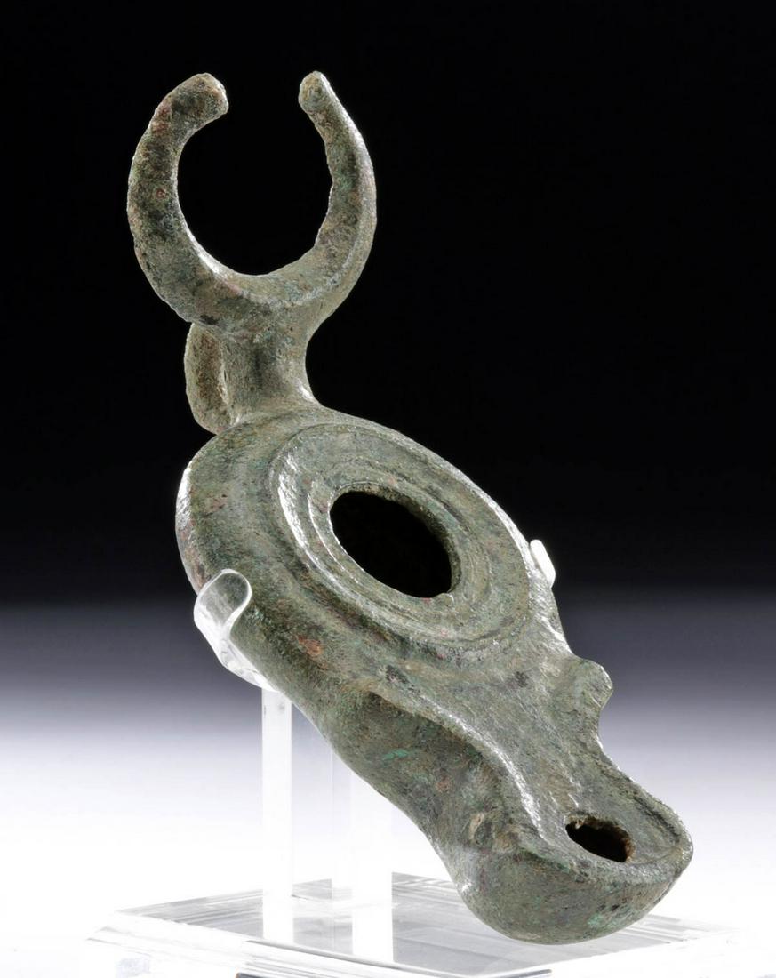 Roman Bronze Oil Lamp - Bull Horn Handle (1 of 4)